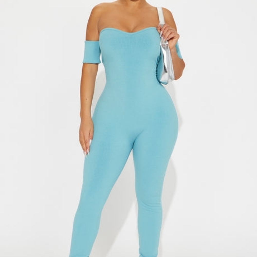 Off-Shoulder Blue Ribbed Jumpsuit - Picture 3 of 3